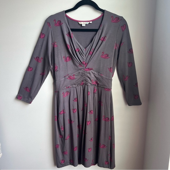 Boden Gray Ruched Sheath Dress with Pink Swans - Picture 10 of 16